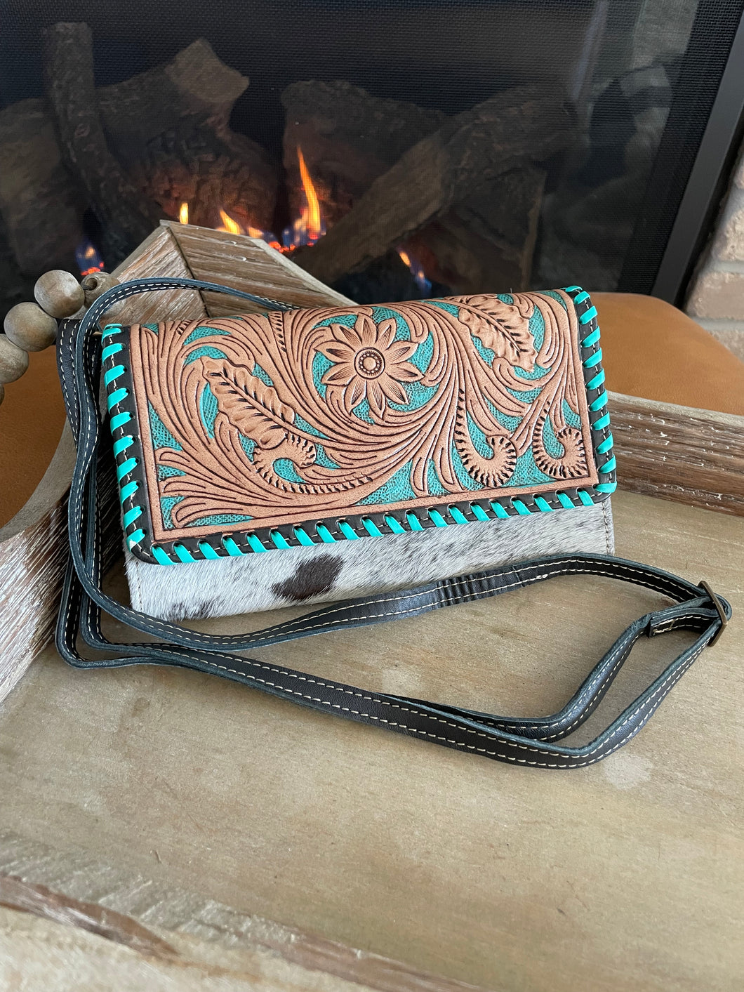 Turquoise Leather Crossbody Wallet