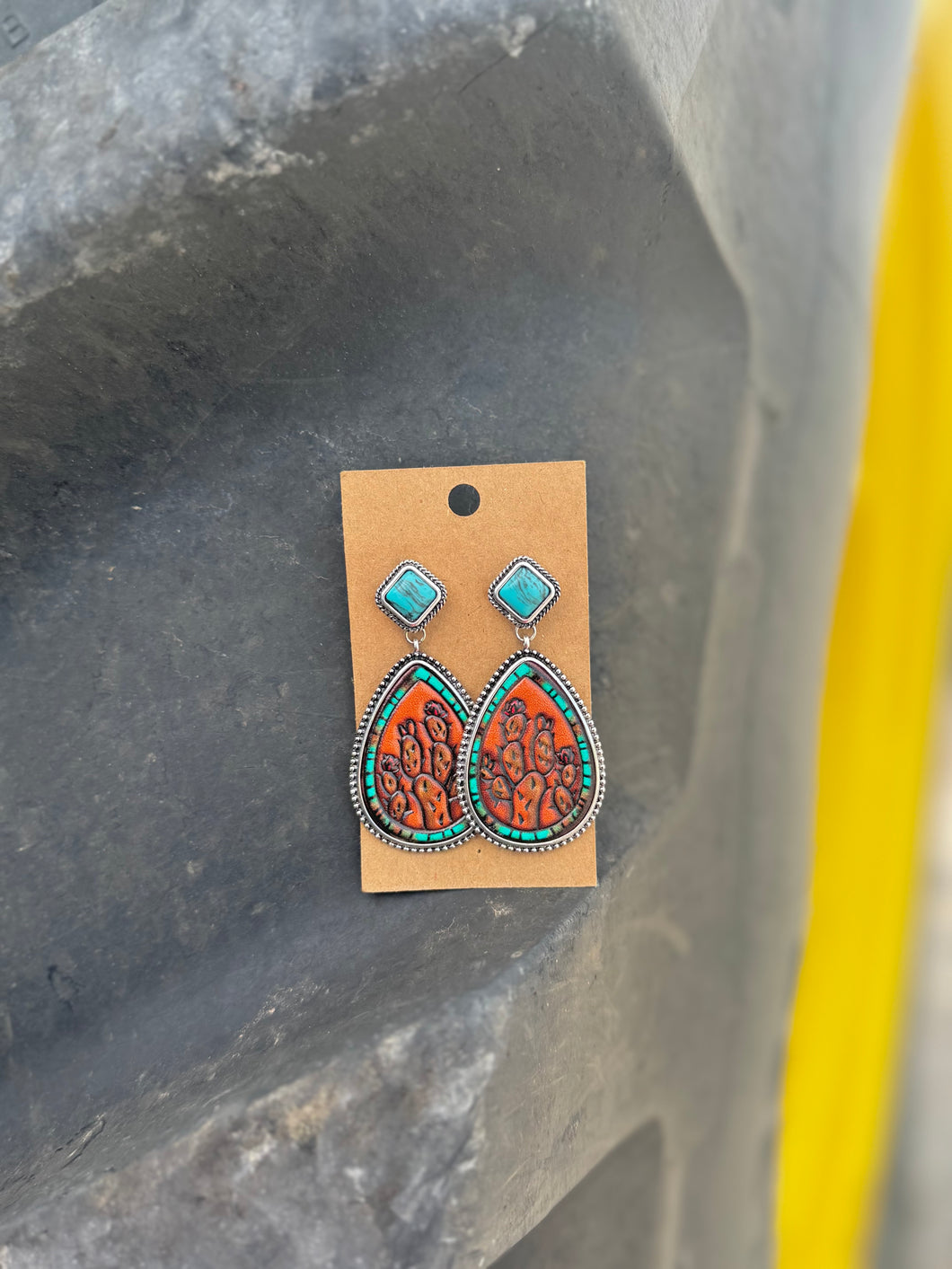 Tooled Leather + Turquoise Teardrop Earrings