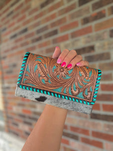 Turquoise Tooled Leather Crossbody Wallet