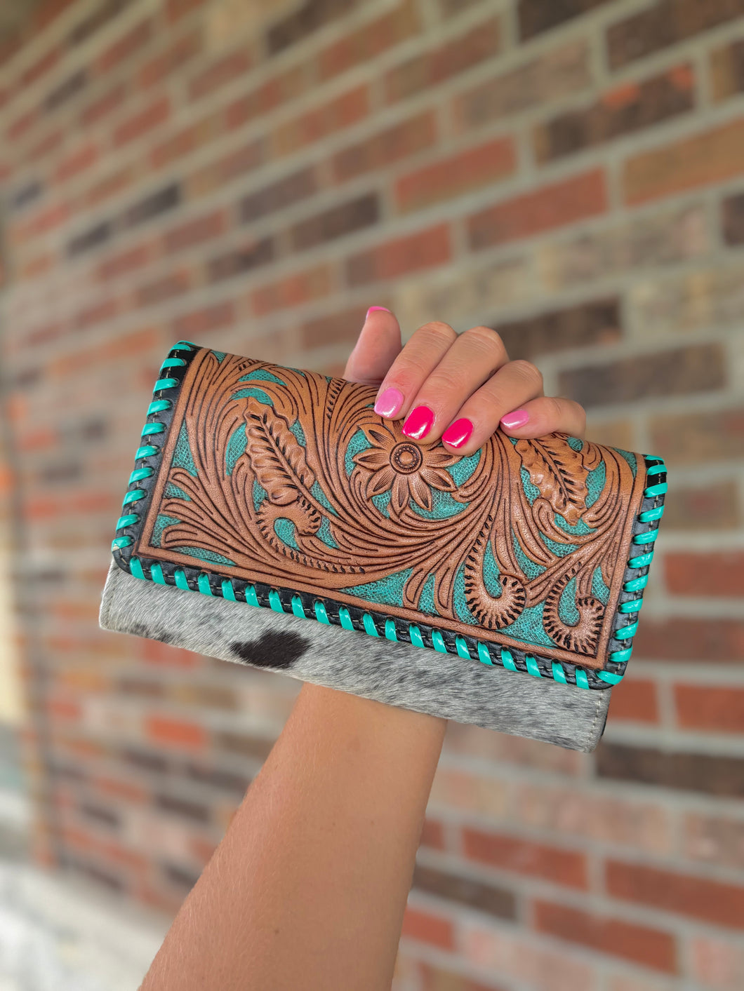 Turquoise Tooled Leather Crossbody Wallet