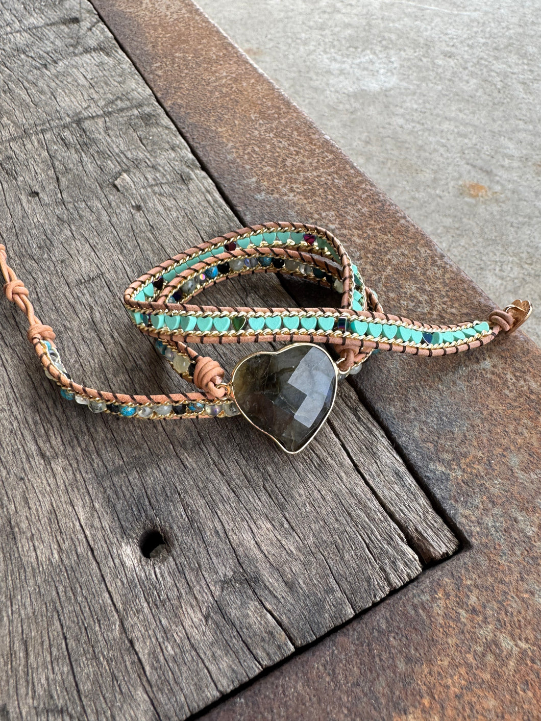 Labradorite Heart Beaded Wrap Bracelet