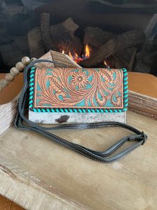 Turquoise Leather Crossbody Wallet