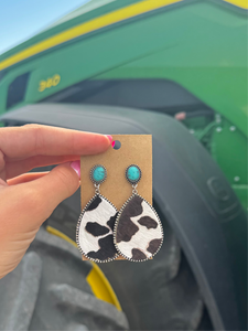 Cowhide + Turquoise Teardrop Earrings