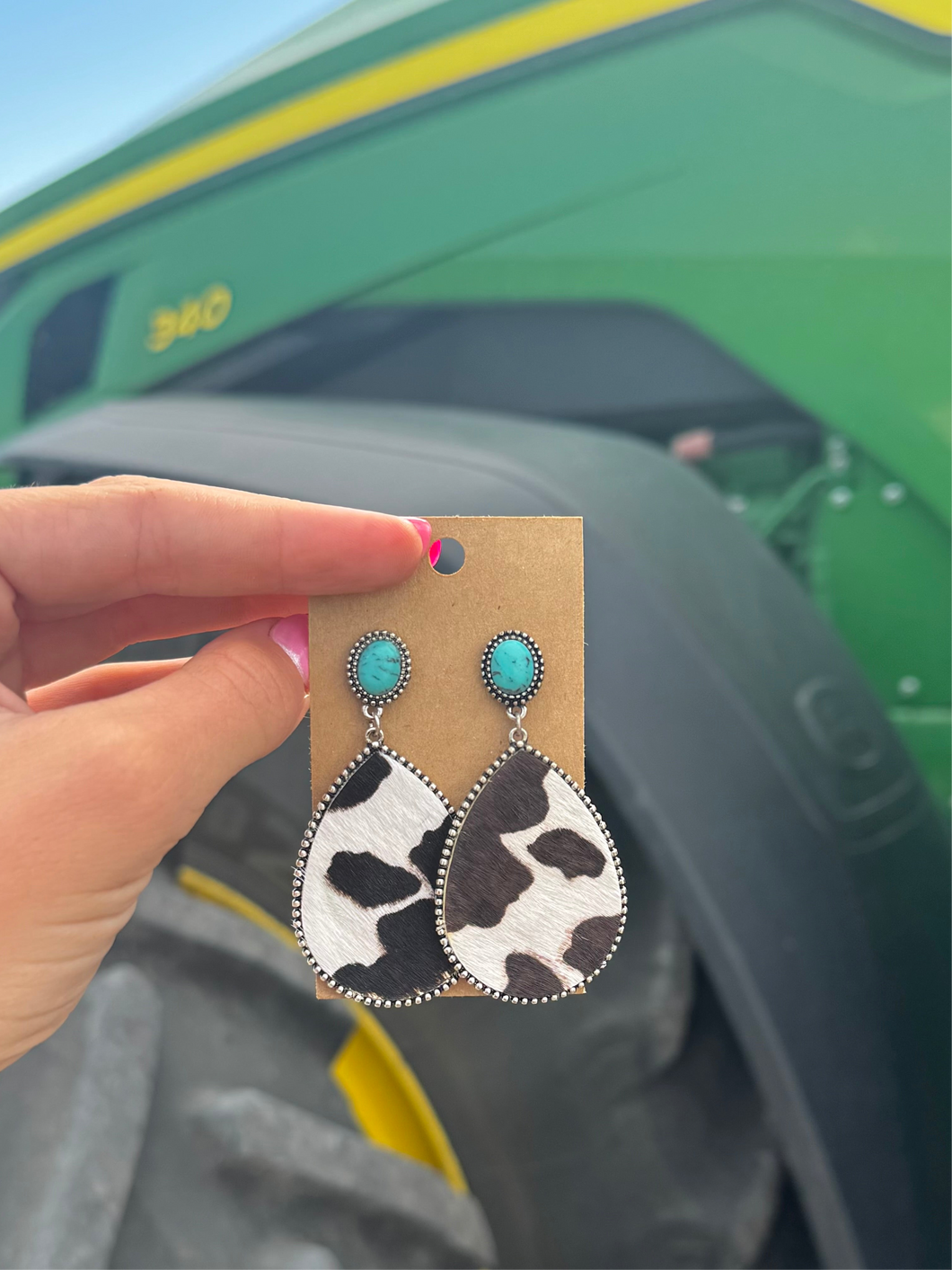 Cowhide + Turquoise Teardrop Earrings