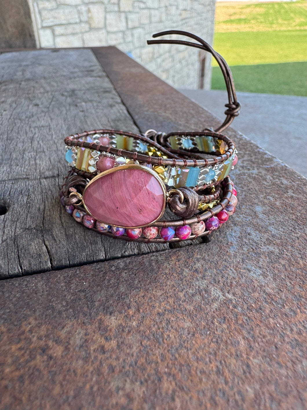 Natural Rhodonite + Jasper Wrap Bracelet