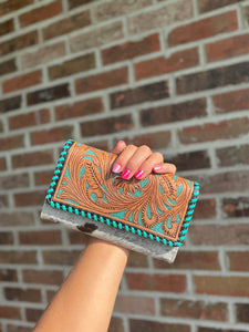Turquoise Tooled Leather Crossbody Wallet