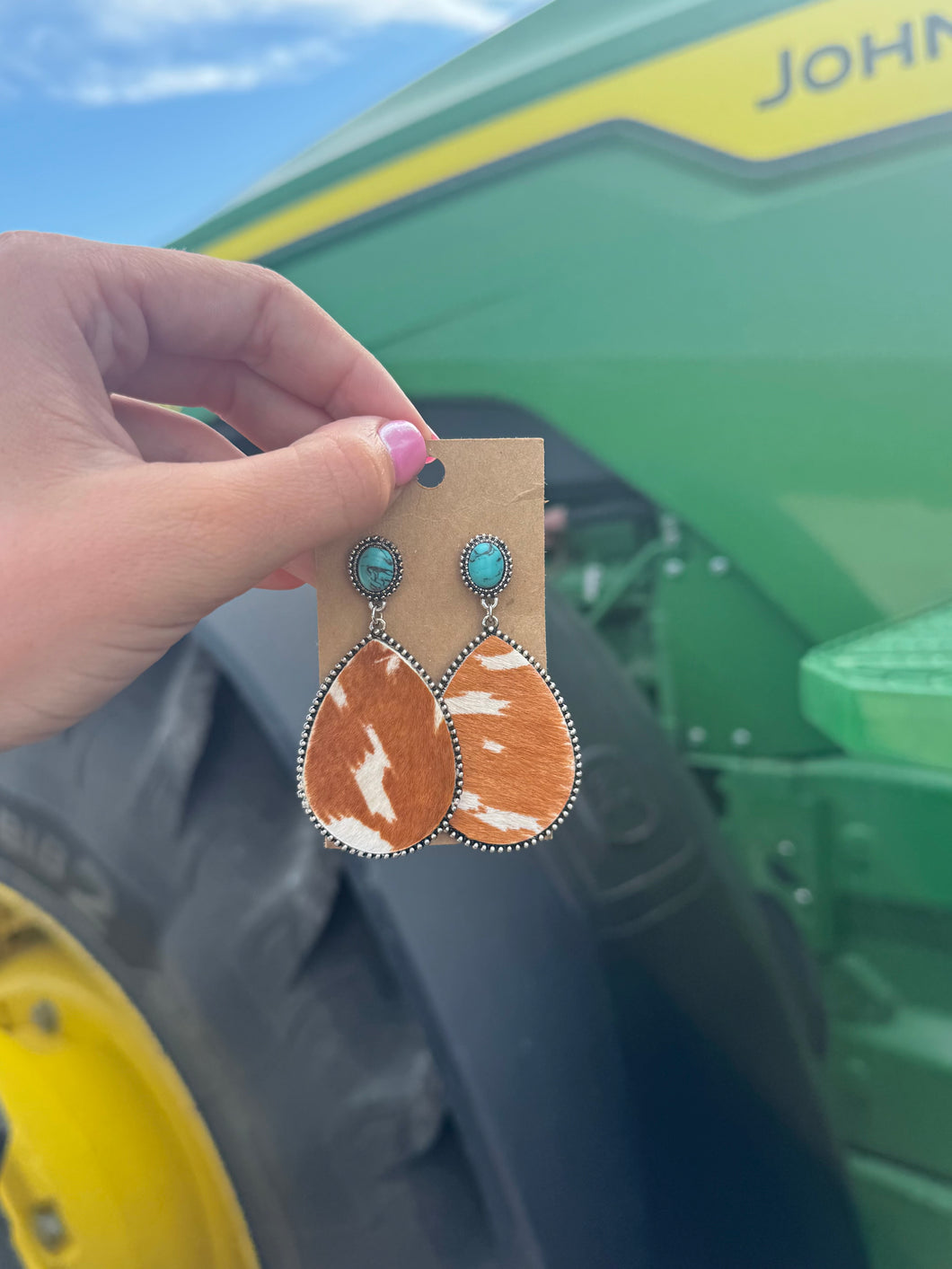 Cowhide + Turquoise Teardrop Earrings